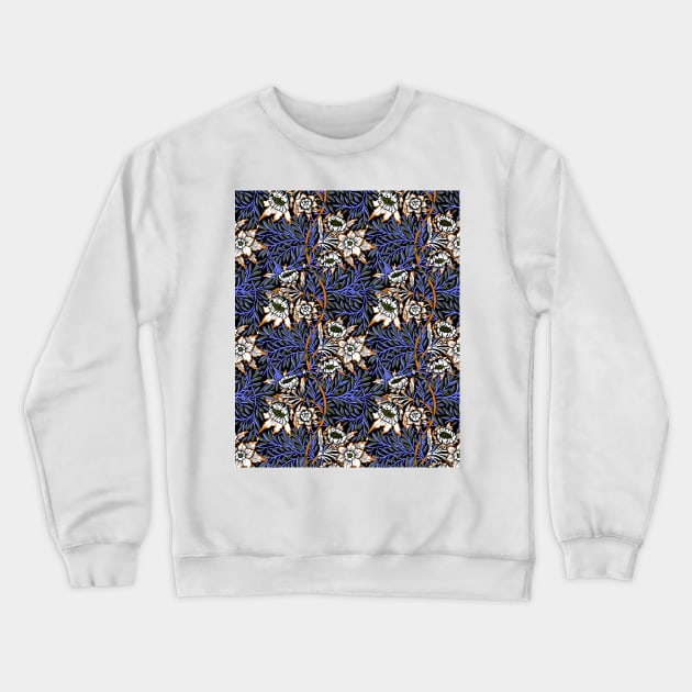 William Morris Tulip and Willow Pattern Blue on Black Crewneck Sweatshirt by tiokvadrat